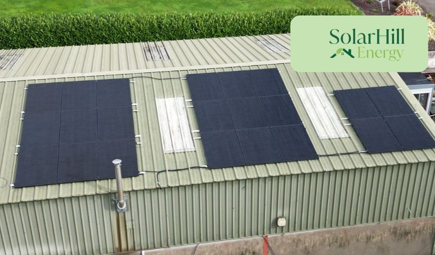 Solar panels installed on a dairy farm building roof in Cork, Ireland